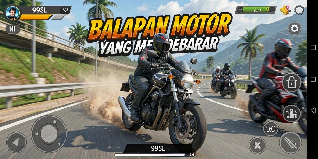 Gameplay 99SL yang mendebarkan dengan aksi balapan motor.