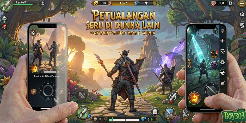 Screenshot BOY303 menunjukkan karakter menjelajahi hutan yang lebat.