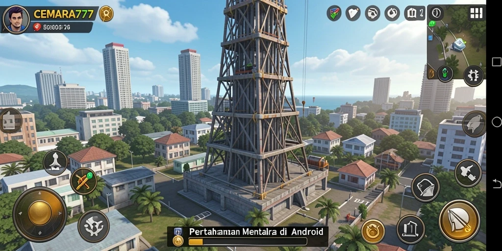 Screenshot gameplay CEMARA777 dengan menara yang dibangun untuk pertahanan.