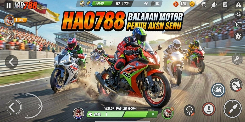 Tangkapan layar gameplay HAO788 yang menunjukkan aksi balapan motor mendebarkan.