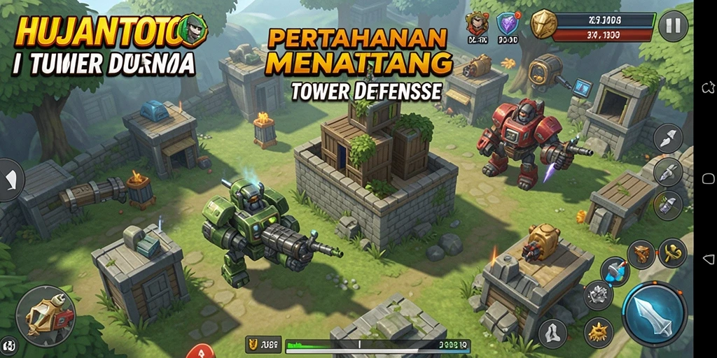 Tangkapan layar utama HUJANTOTO memperlihatkan aksi seru dalam pertempuran Tower Defense.