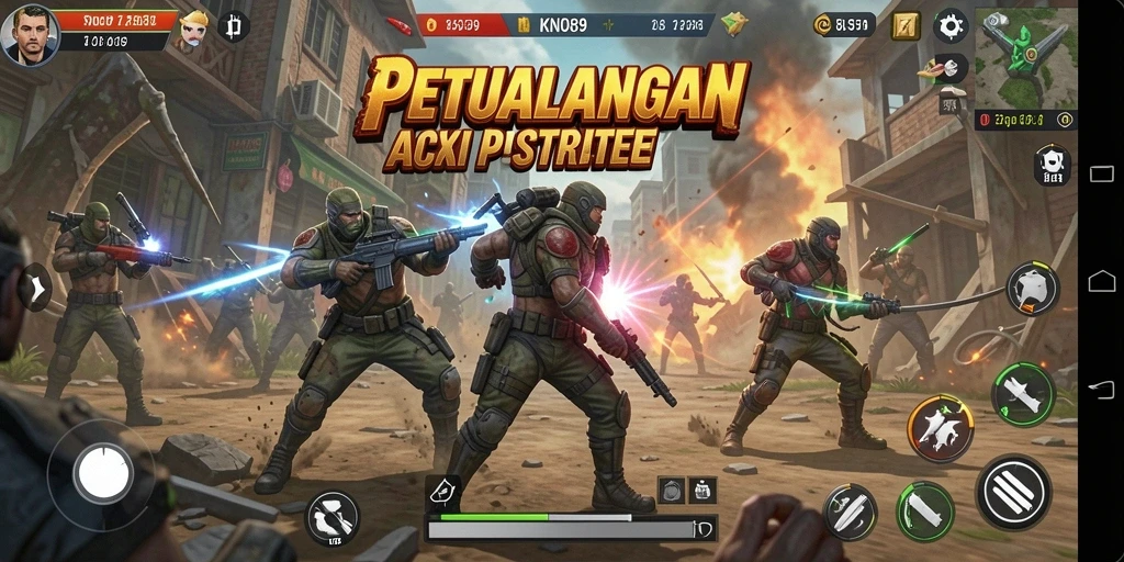 Screenshot gameplay KNO89 menampilkan pertempuran intens dalam TPS.