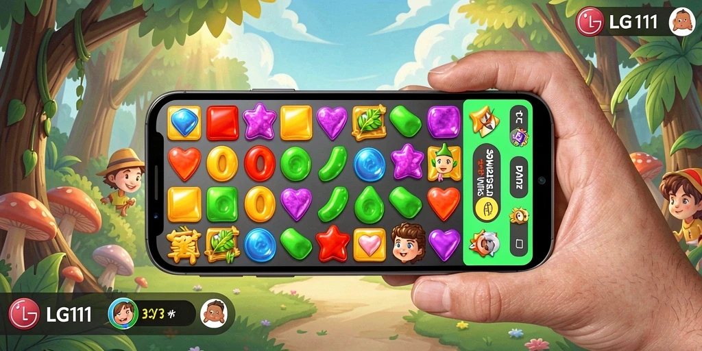 Screenshot gameplay LG111 menunjukkan level Match-3 yang penuh warna.