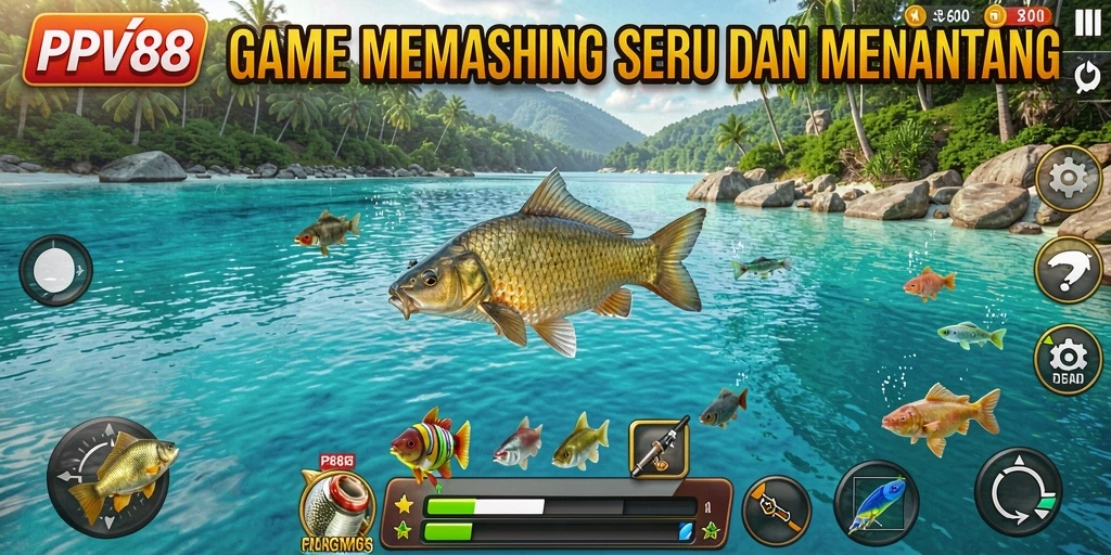 Tampilan gameplay PPV88 dengan ikan yang beragam dan lokasi memancing menarik.