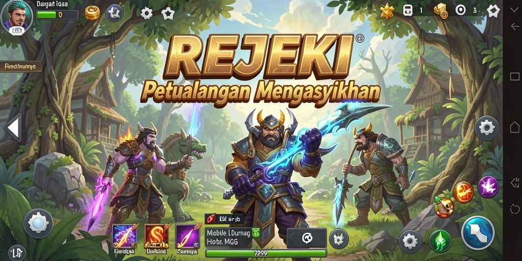 Screenshot gameplay REJEKI menampilkan pertarungan epik di dunia fantasi.