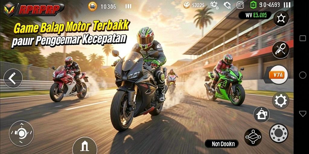 Tangkapan layar gameplay RPRPRP menampilkan aksi balap motor yang seru.