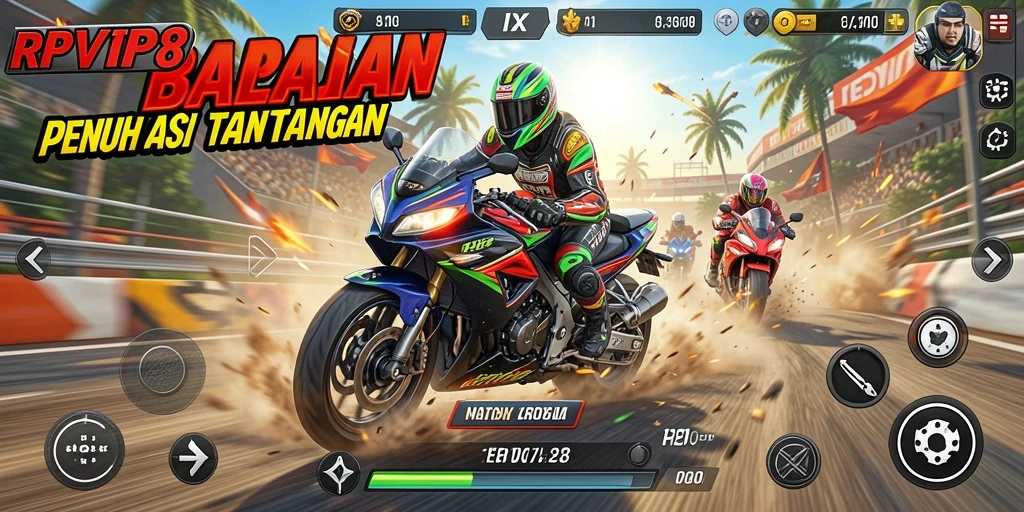 Tangkapan layar gameplay RPVIP8 menampilkan balapan motor yang mendebarkan.