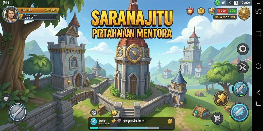 Tampilan gameplay SARANAJITU dengan menara yang menakjubkan dan aksi strategis.